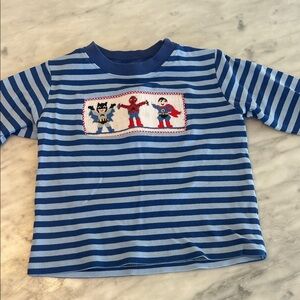 Blue Striped Kids Shirt with Superhero Design